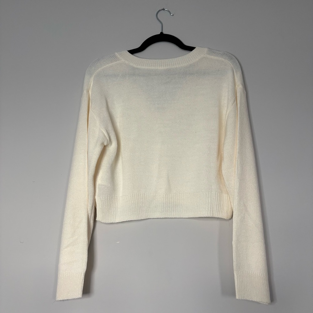 H&M Beige/White Long Sleeve Cropped Sweater V-Neck Size XXS Valentines Day - Picture 4 of 10